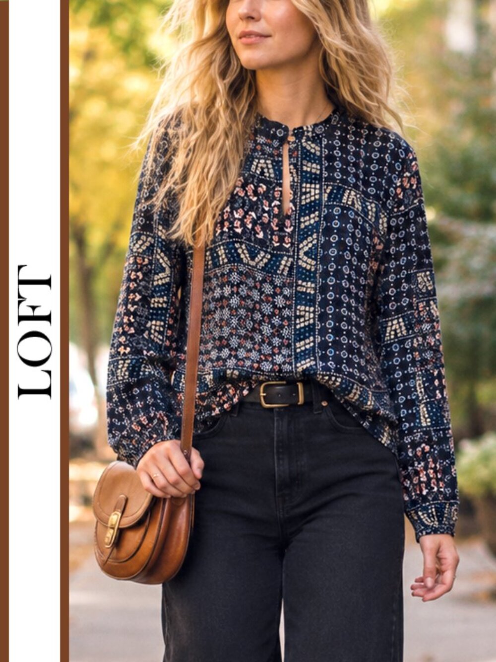 LOFT | 'Mosaic' Printed Ruffled Collar Blouse Top